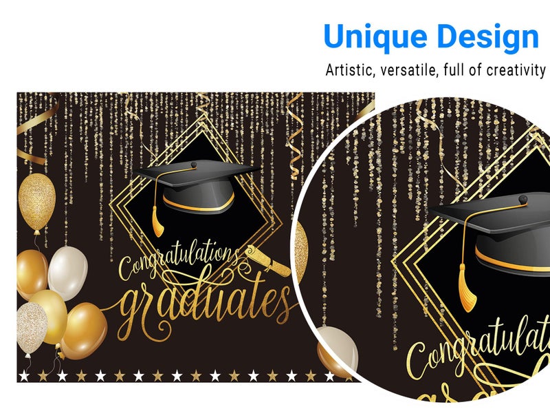 Funnytree 118" x 95" 2024 Class Graduation Photography Backdrop Black and Gold Bachelor Cap Balloon Grad Congrats Party Banner Background for Picture Photo Photobooth Decoration - Image 2
